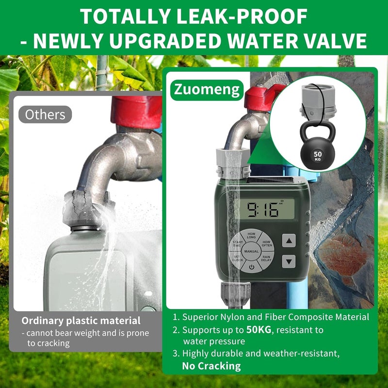 Zuomeng Sprinkler Timer, Programmable Irrigation Water Timer for Garden Hose, Solar/Battery Dual Power & Professional Leak-Proof Design, Rain Delay/Auto/Manual Watering System, Green - Image 3